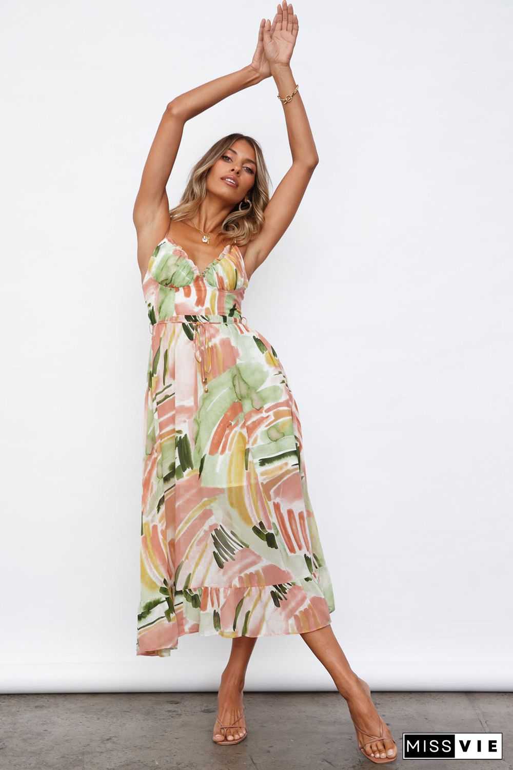 Multicolor Spaghetti Straps Graffti Print Long Dress