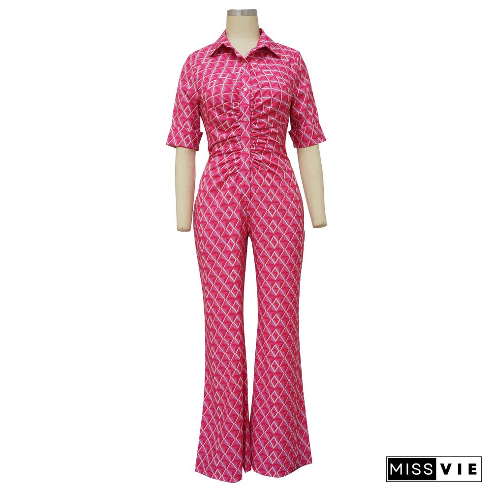 Elegant Half Sleeve Button Front Wide Leg Jumpsuit