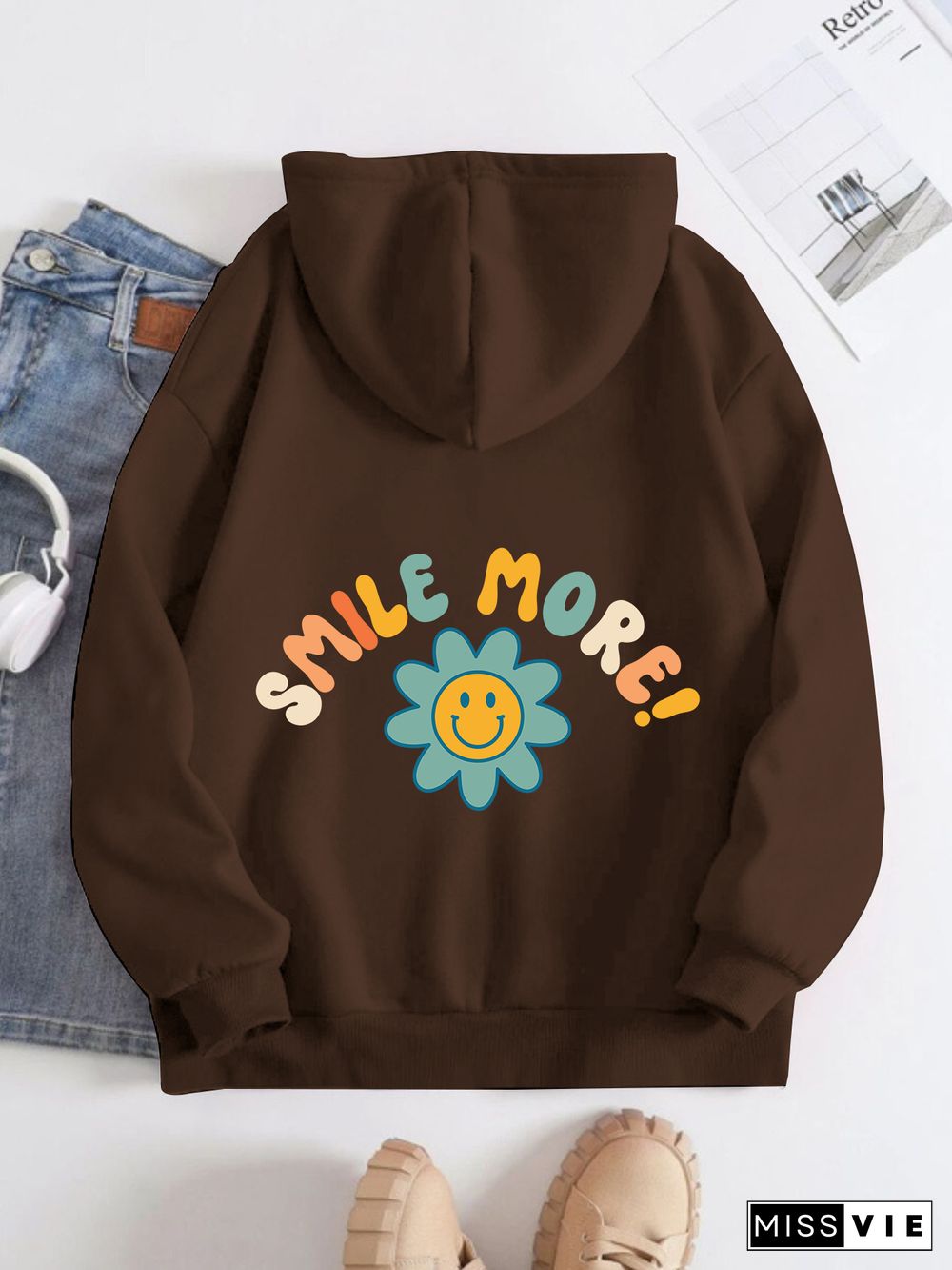 Printed on the Back Kangaroo Pocket Hoodie Long Sleeve for Women Pattern smile more