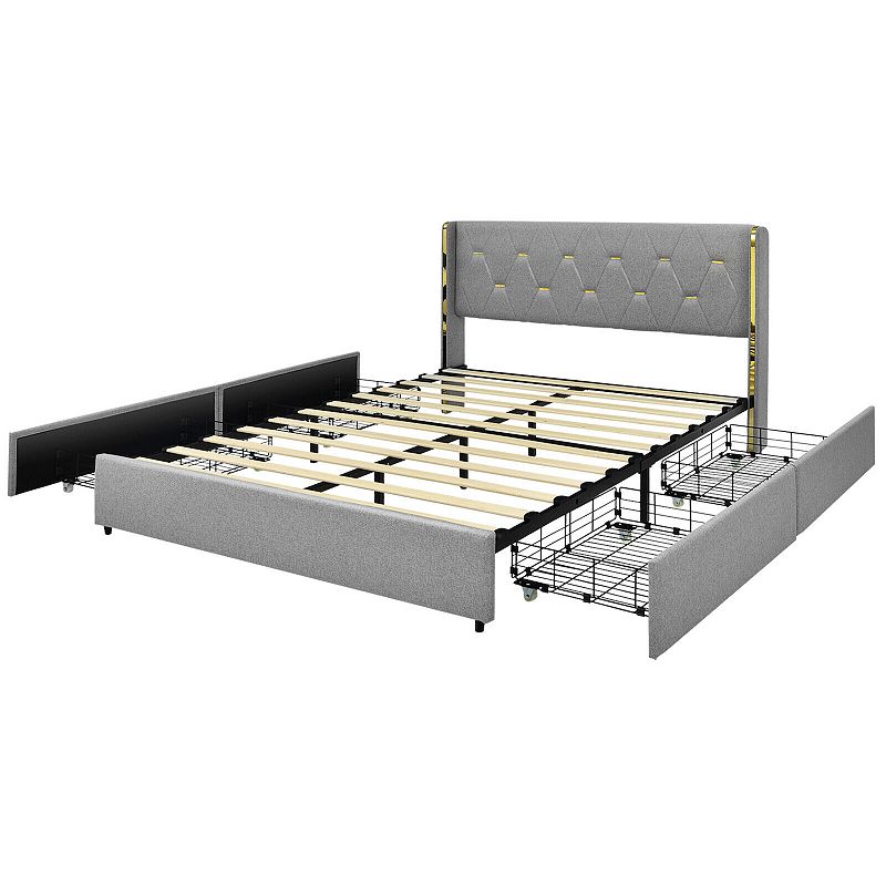 Bed Frame Mattress Foundation with 4 Storage Drawers