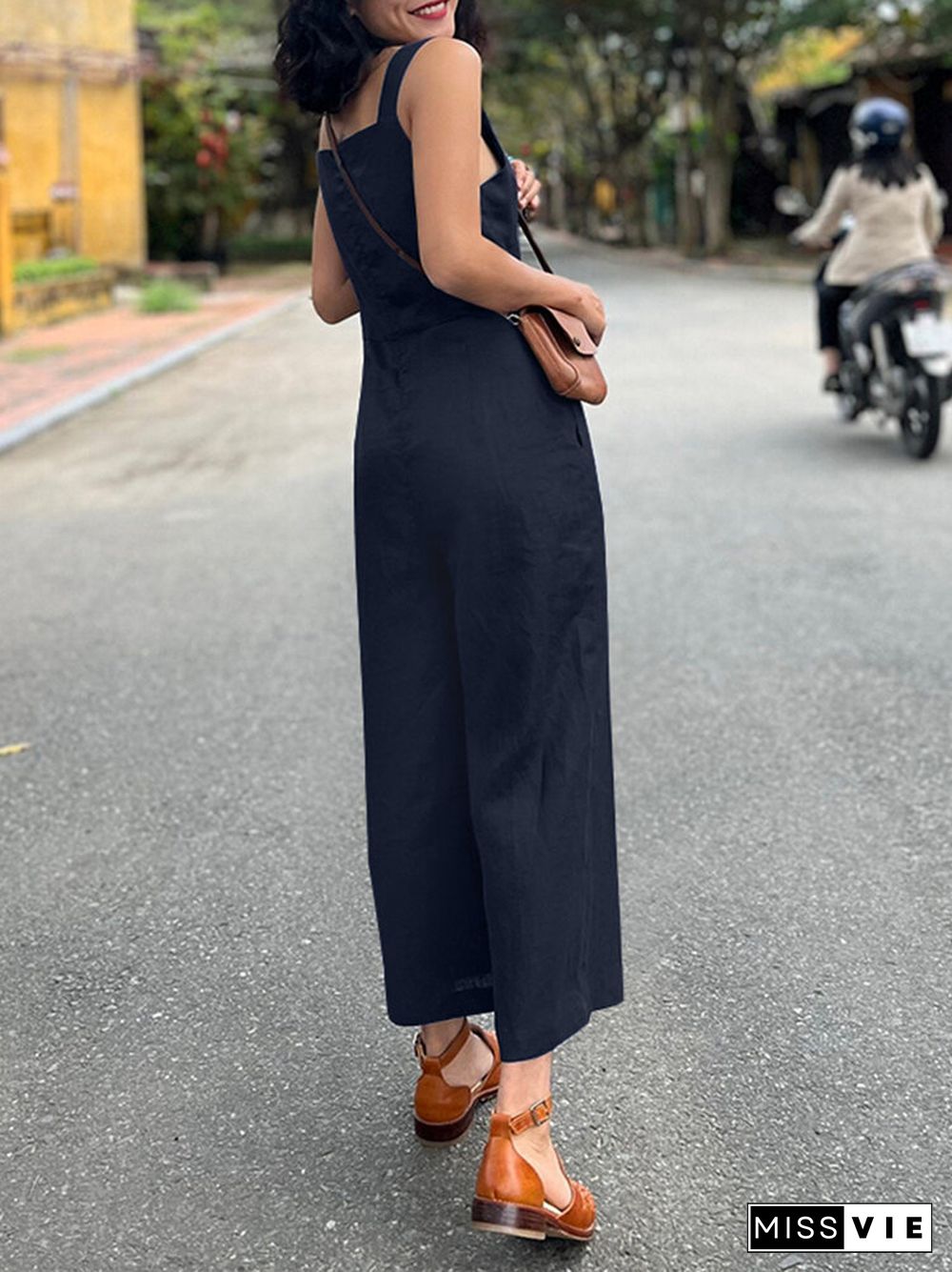 Solid Pocket Square Collar Sleeveless Wide Leg Jumpsuit