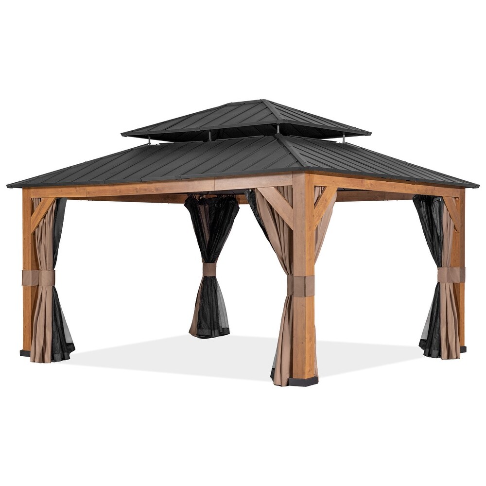 Cozywor 15 ft. x 13 ft. Wood Grain Aluminum Double Roof Hardtop Gazebo