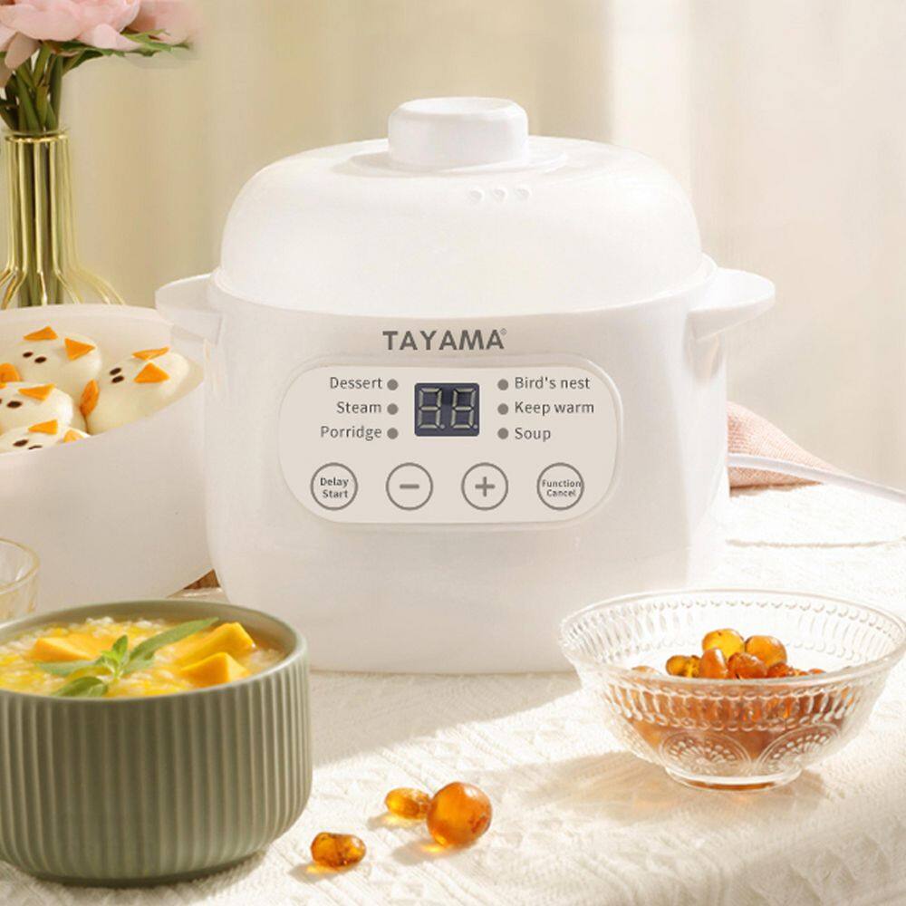 Tayama 1 qt. White Mini Ceramic Stew Slow Cooker with Pre-Settings and Built-In Timer TSP-100