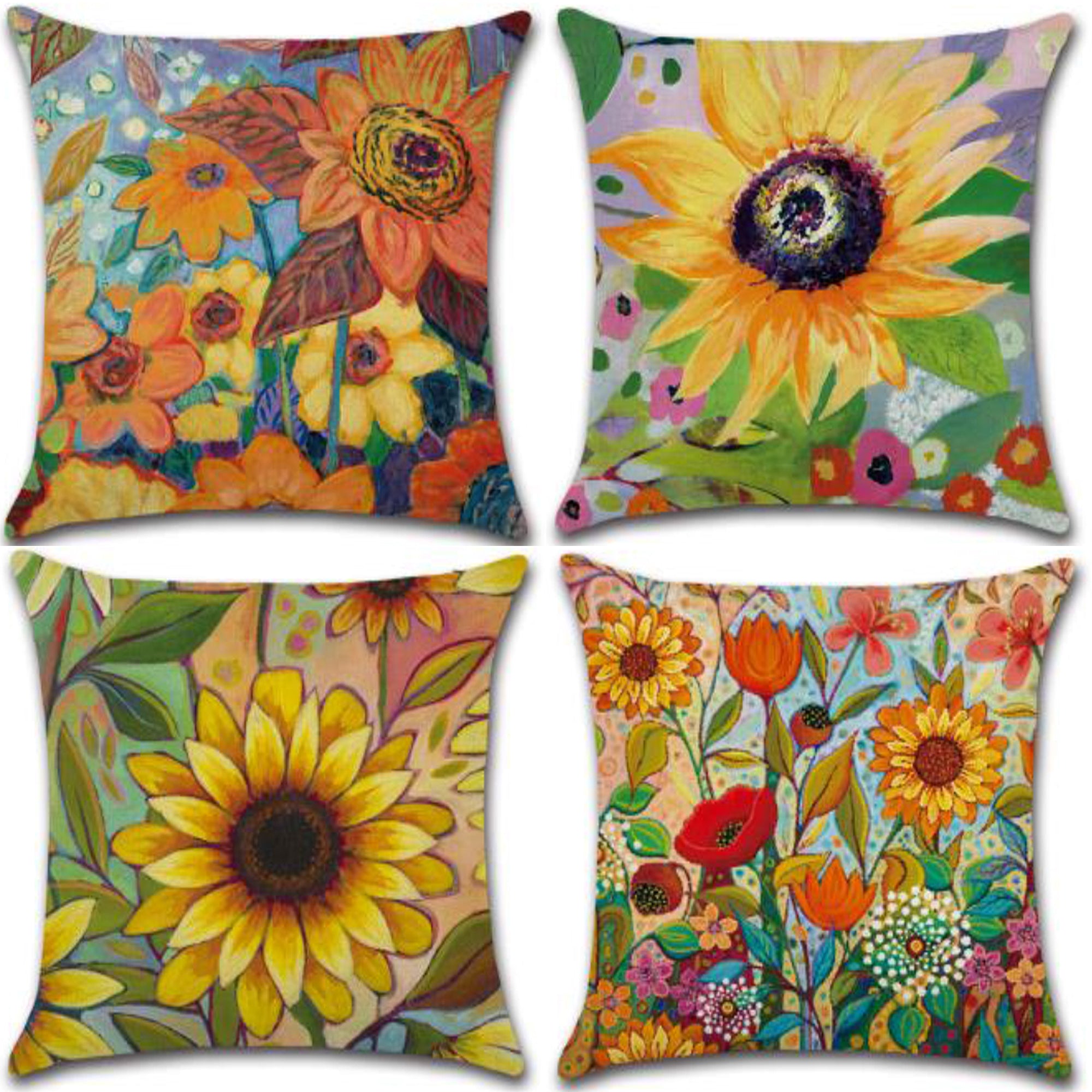 Set of 4 Pillow Covers 18x18, Sunflowers and Wildflowers Pattern Style, Cotton Linen Fabric Decorative Indoor / Outdoor Throw Pillow Case Set 45x45cm