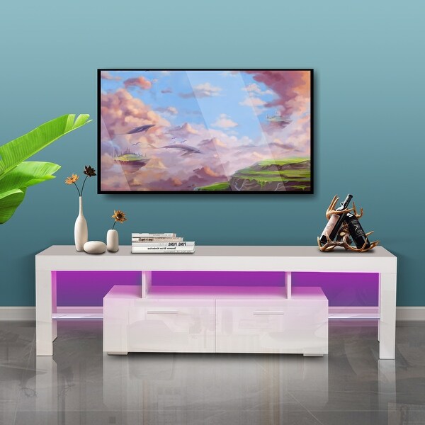 63'' RGB LED High Glossy TV Stand Cabinet with 2 Tie-Rod Drawerand 2 Glass Shelf