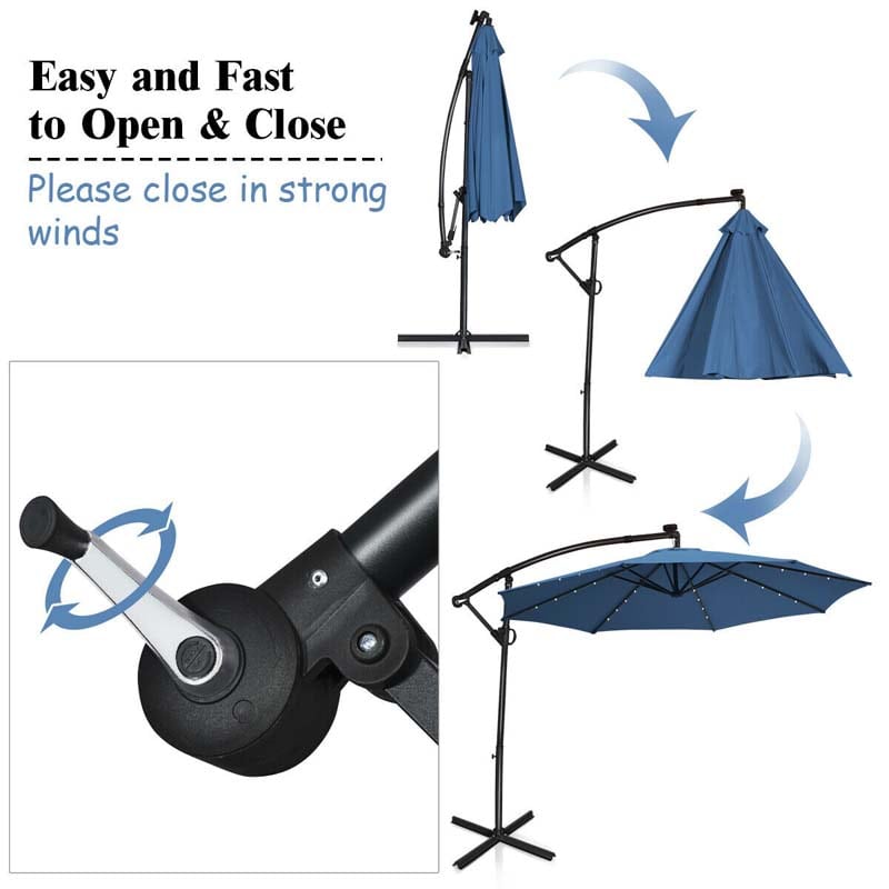 10 FT Patio Offset Umbrella with Solar Lights 360° Rotation Outdoor Market Umbrella with Crank Handle & Cross Base