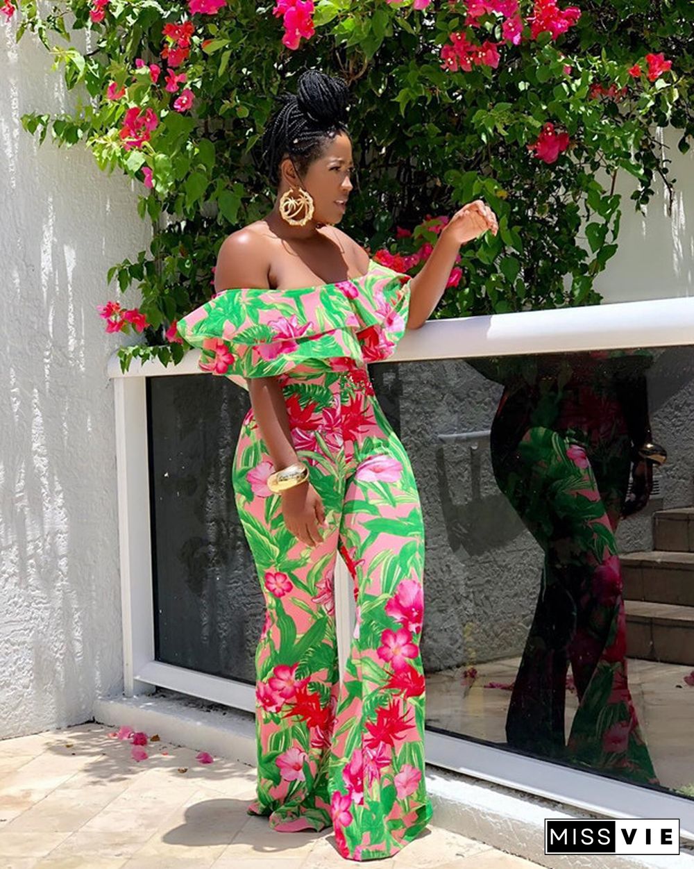 Sexy Off Shoulder Ruffles Floral Printed Wide-legs Jumpsuit