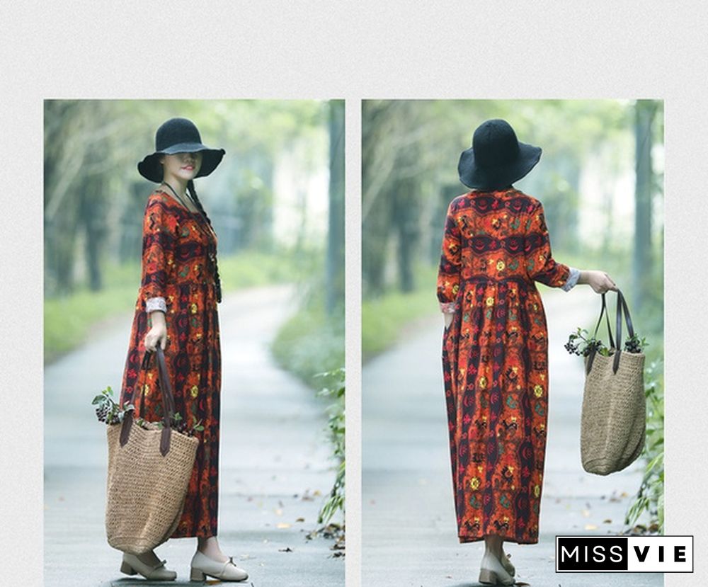 New Arrival Women's Fashion Clothing Spring and Autumn Folk Style Linen Defined Waist Loose Full Dress Printed Long Sleeve Dress