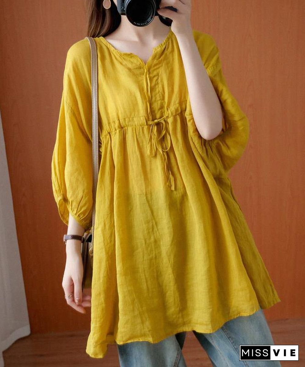 Elegant v neck drawstring blouses for women Sewing yellow top