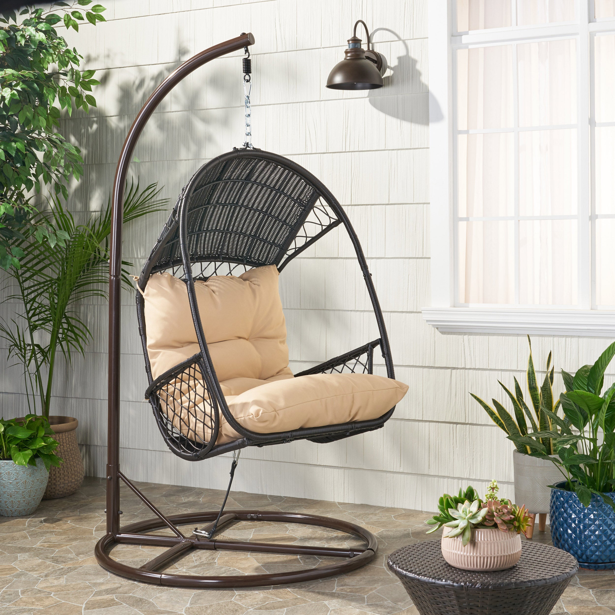 Primo Outdoor Wicker Hanging Basket Egg Chair with Stand