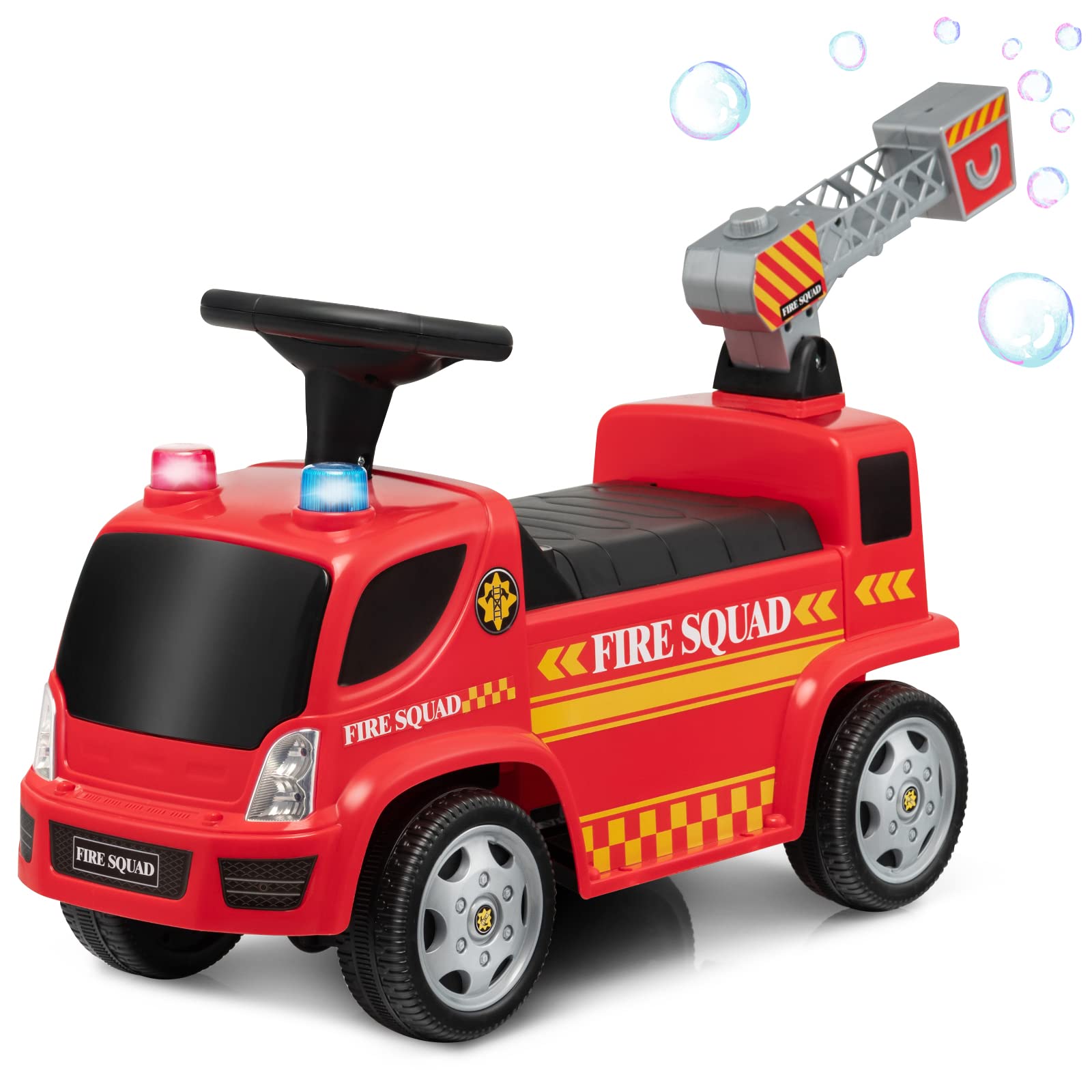 Costzon Kids Ride On Fire Truck, Ride On Push Car with Ladder Bubble Maker