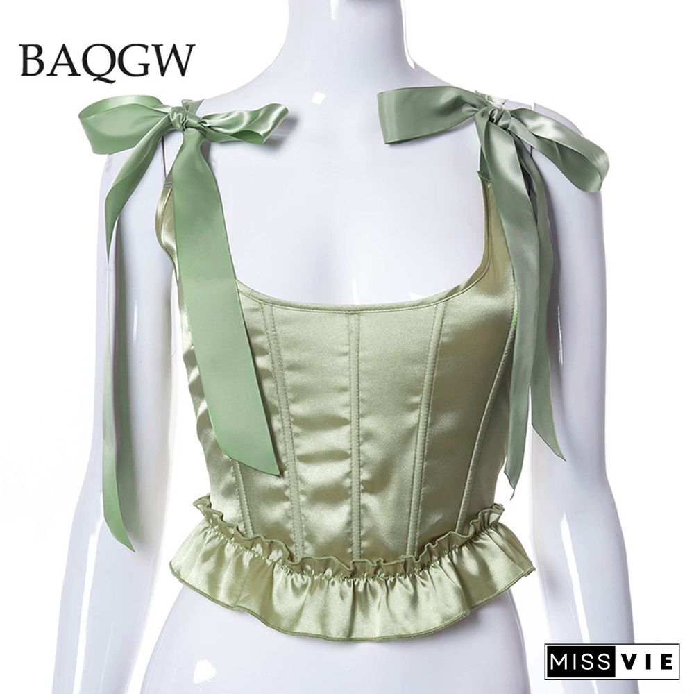 Summer Green Ruffle Sexy Camis Crop TopFor Women Sleeveless Silky Strappy Corset Bustier Top Cropped Club Party Outfits Elegant