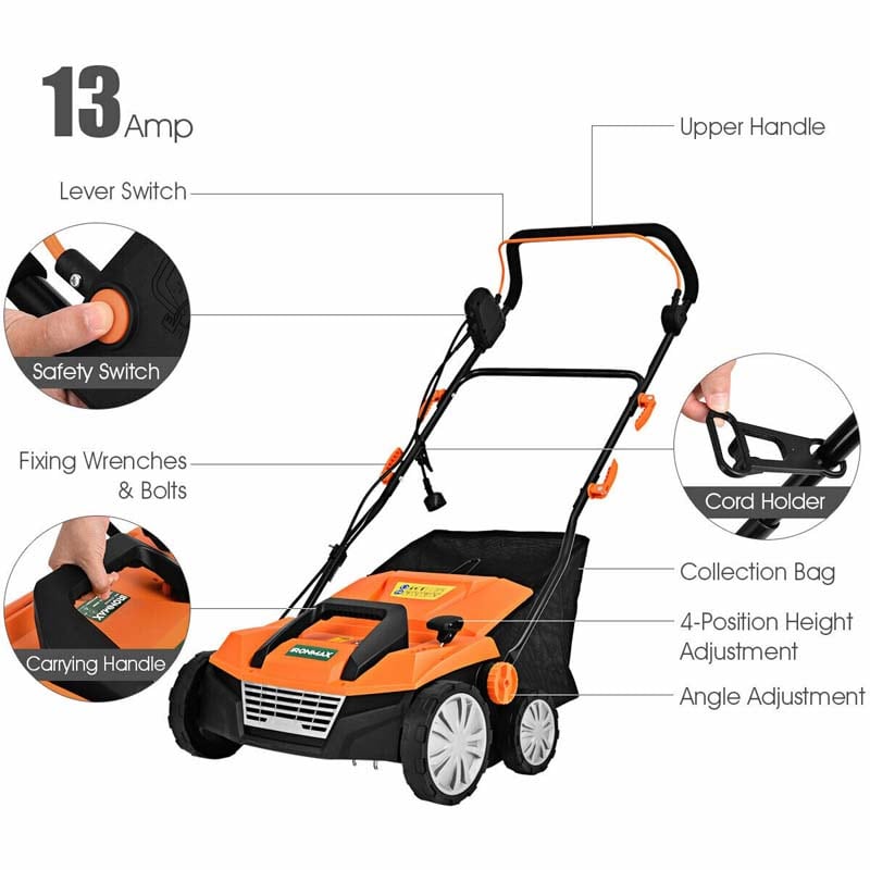 2-in-1 Electric Lawn Dethatcher & Scarifier with Folding Handle, 13 Amp 15