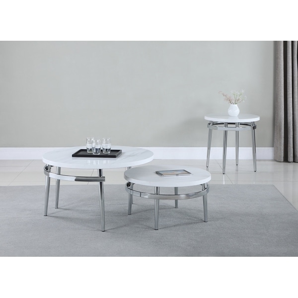 Round Faux Marble End Table with Metal Legs in White and Chrome