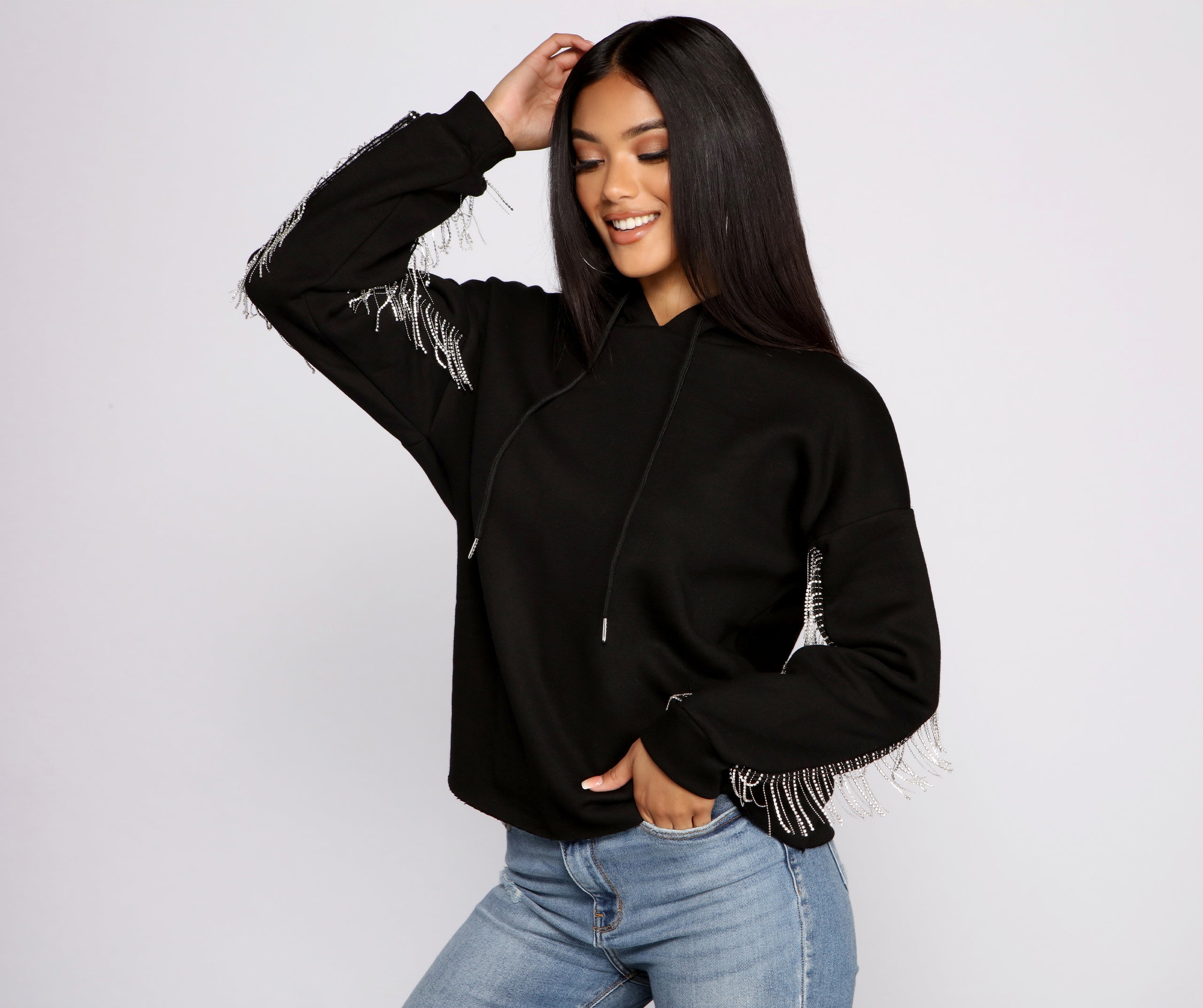 Glam Rhinestone Fringe Hoodie