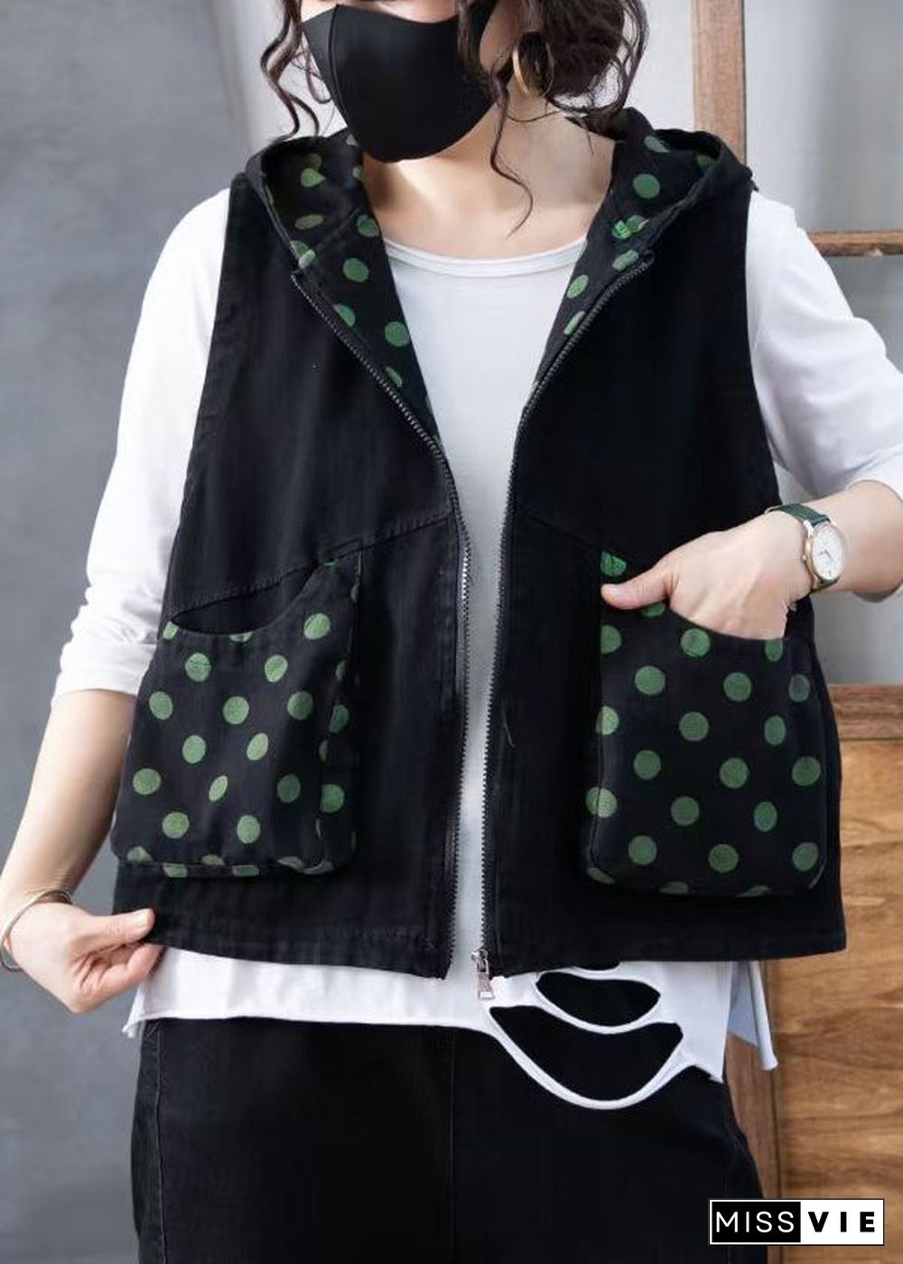 Women Green Zippered Print Hooded Denim Waistcoat Sleeveless