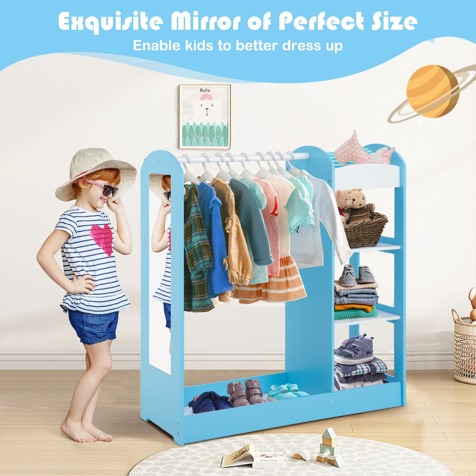 Costzon Kids Dress up Storage with Mirror, Clothes Rack, 3-Tier Shelves