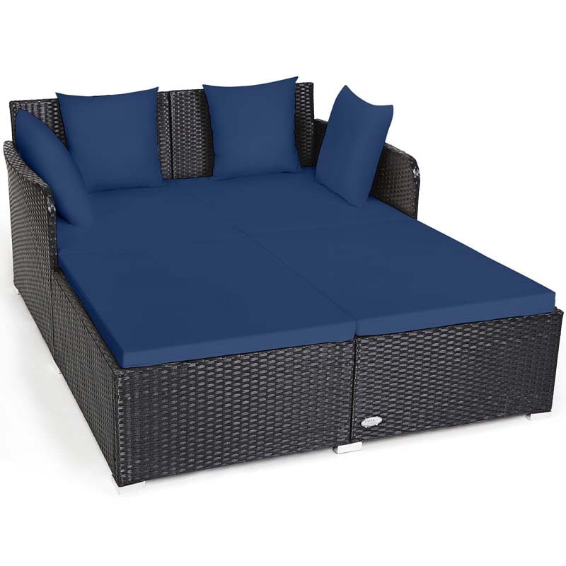 Rattan Wicker Outdoor Daybed Patio Furniture Cushioned Sofa Set with Thick Pillows