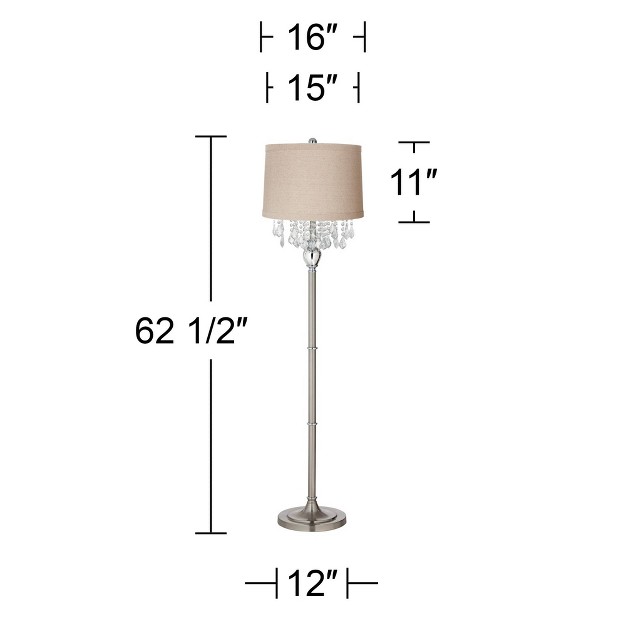 Tall Brushed Nickel Chrome Crystals Natural Linen Fabric Drum Shade For Living Room Reading Bedroom