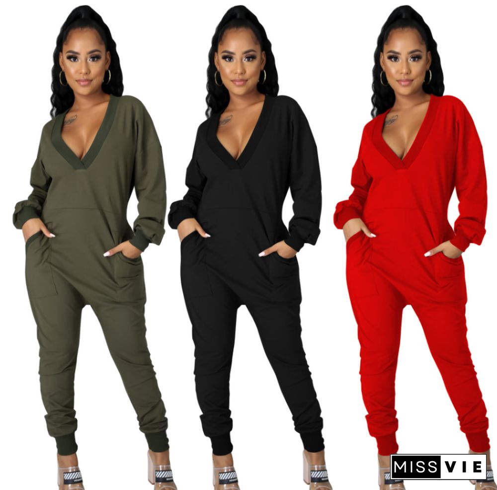 Sexy Solid Long Sleeve Deep V Pocket One-piece Halon Jumpsuit