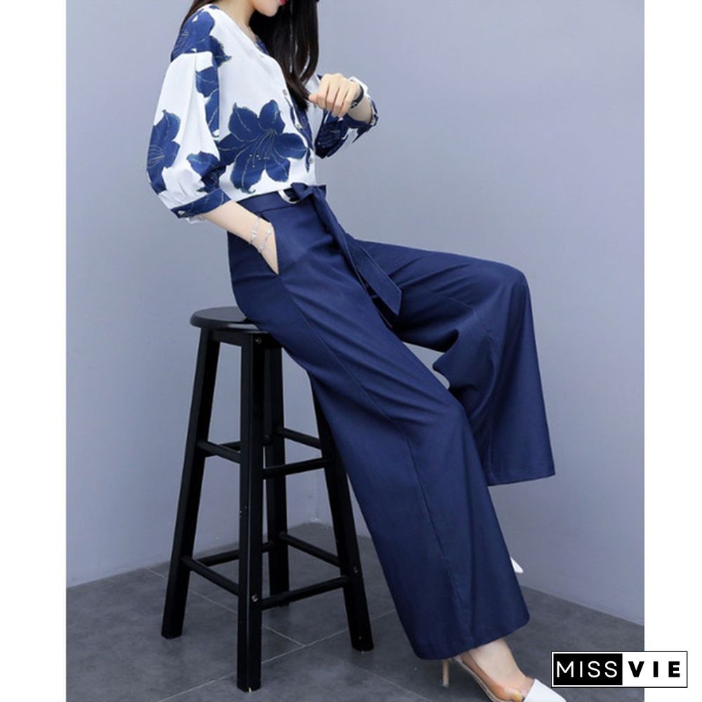 Spring Summer Chiffon Floral Print Two Piece Sets Women Blouses And Wide Leg Pants Suits Elegant Fashion Office Ladies Outfits