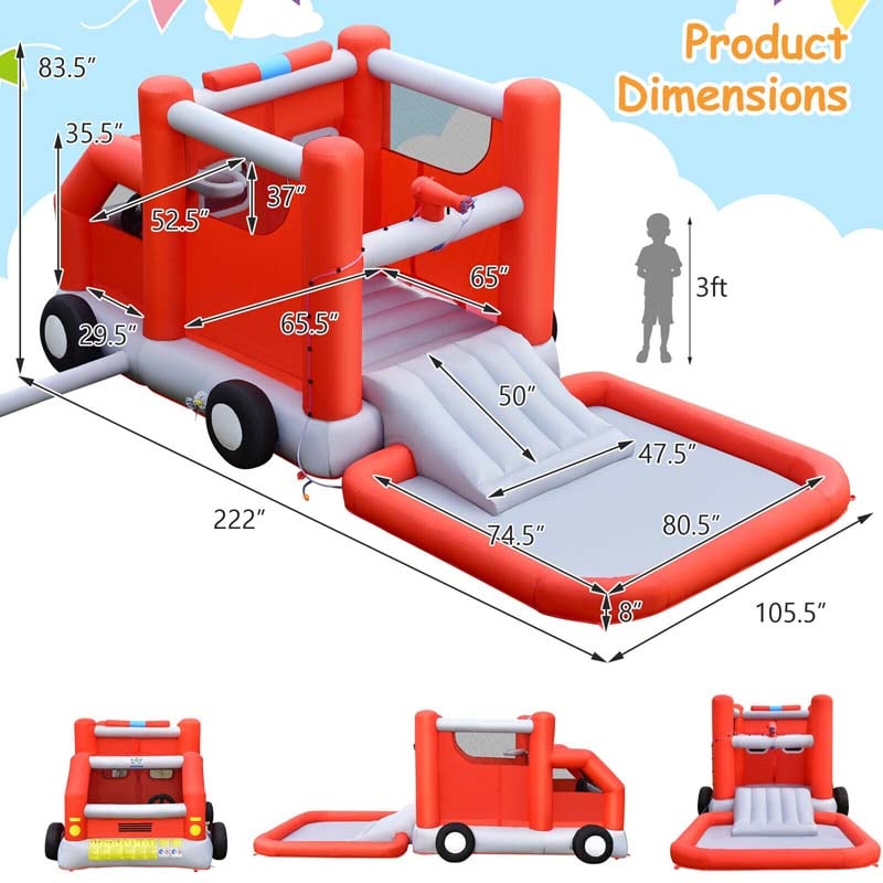 6-in-1 Fire Truck Themed Kids Water Park Jumping Bounce House Inflatable Water Slide without Blower