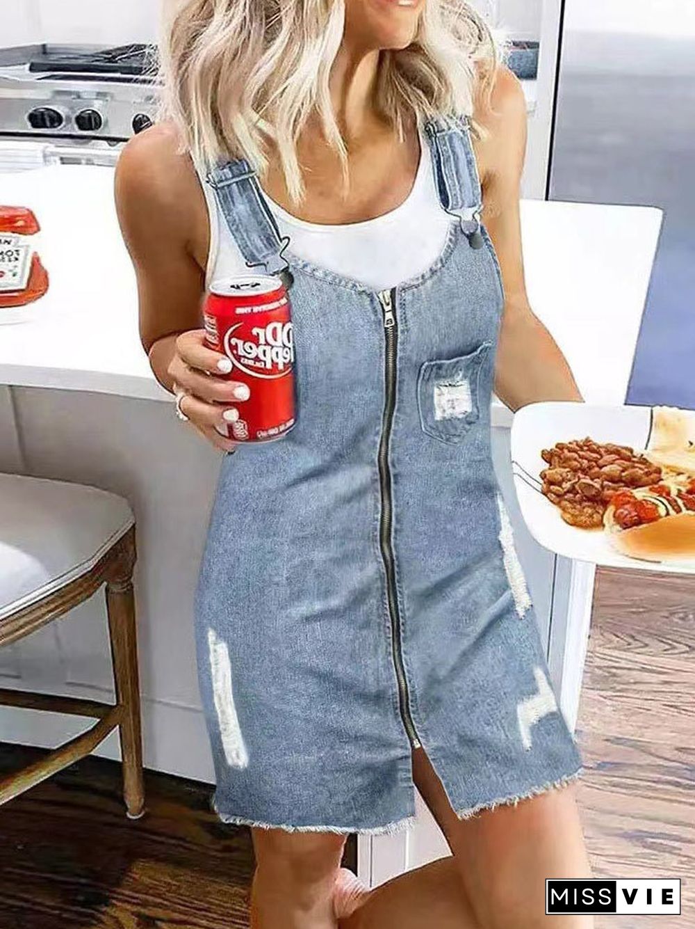 Women'S Dresses Zip Pocket Suspenders Strap Denim Dress