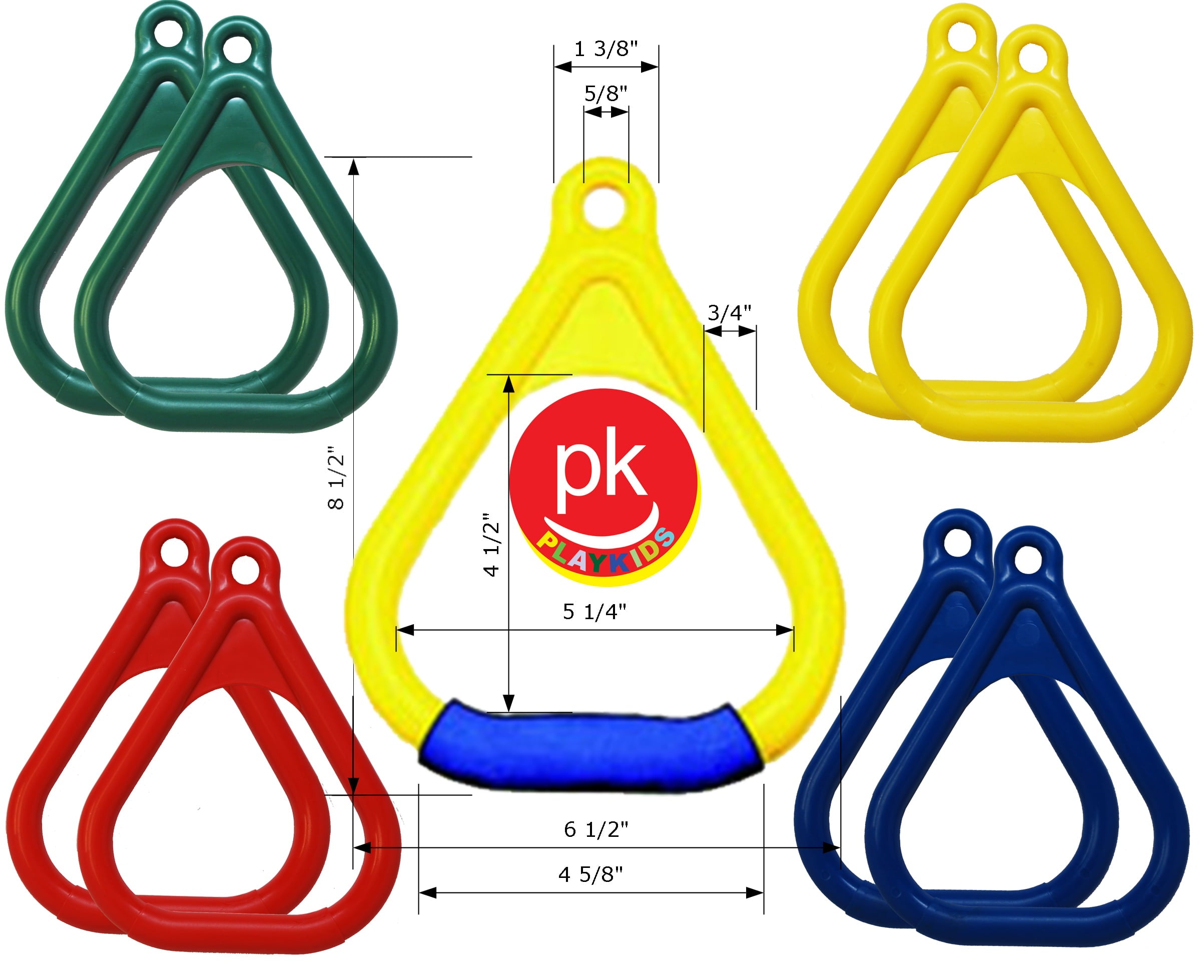 Playkids Trapeze Rings - Blue Green Yellow Red Safe Grip Handles for Trapeze Bar and Swing Set Playground