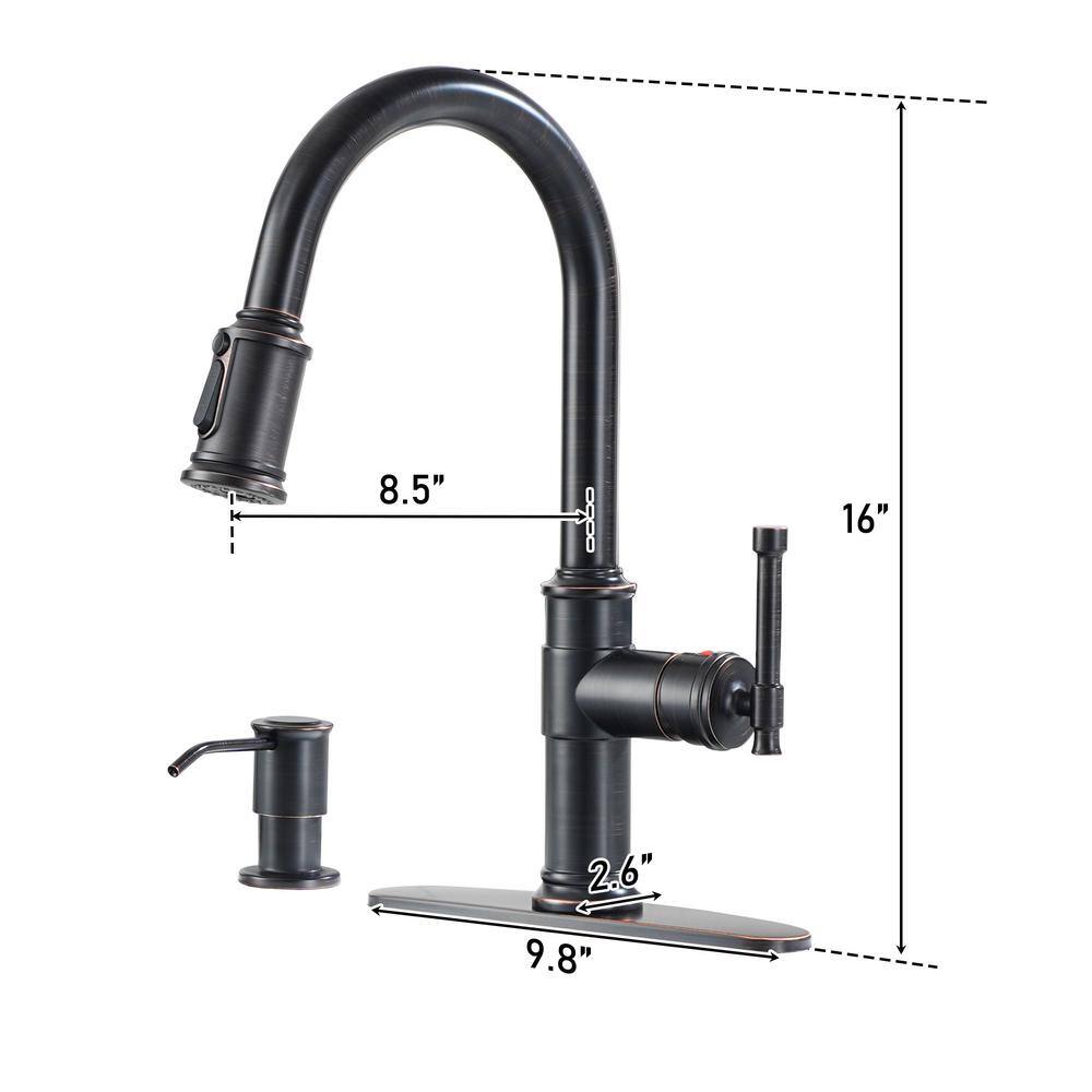 Boyel Living 1.8 GPM Single Handle Pull Down Sprayer Kitchen Faucet with Soap Dispenser and Ceramic Cartridge in Oil Rubbed Bronze BL-APS136-ORB