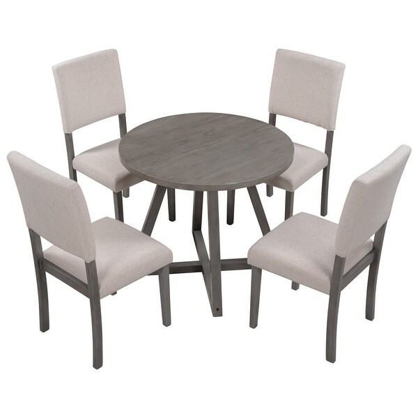 Wood 5 Pcs Kitchen Dining Table Set w/ Round Table， 4 Chairs