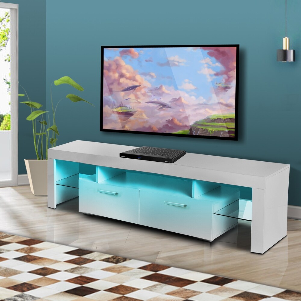 White morden TV Stand with LED Lights high glossy front TV Cabinet