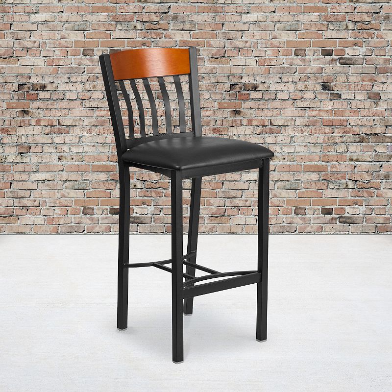 Emma and Oliver Vertical Back Metal and Cherry Wood Barstool with Vinyl Seat