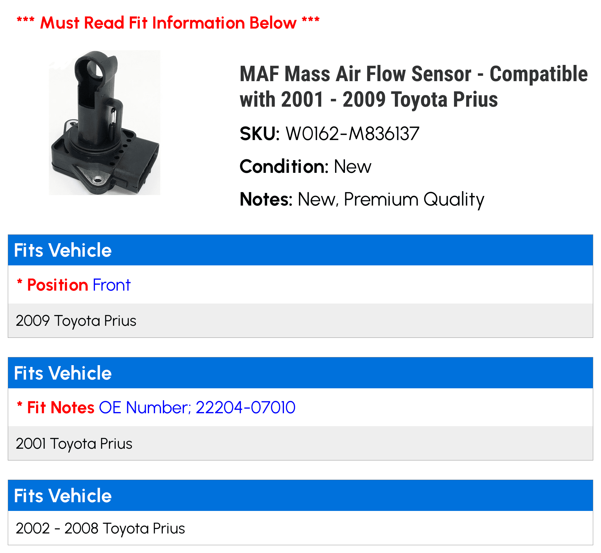 MAF Mass Air Flow Sensor - Compatible with 2001 - 2009 Toyota Prius 2002 2003 2004 2005 2006 2007 2008