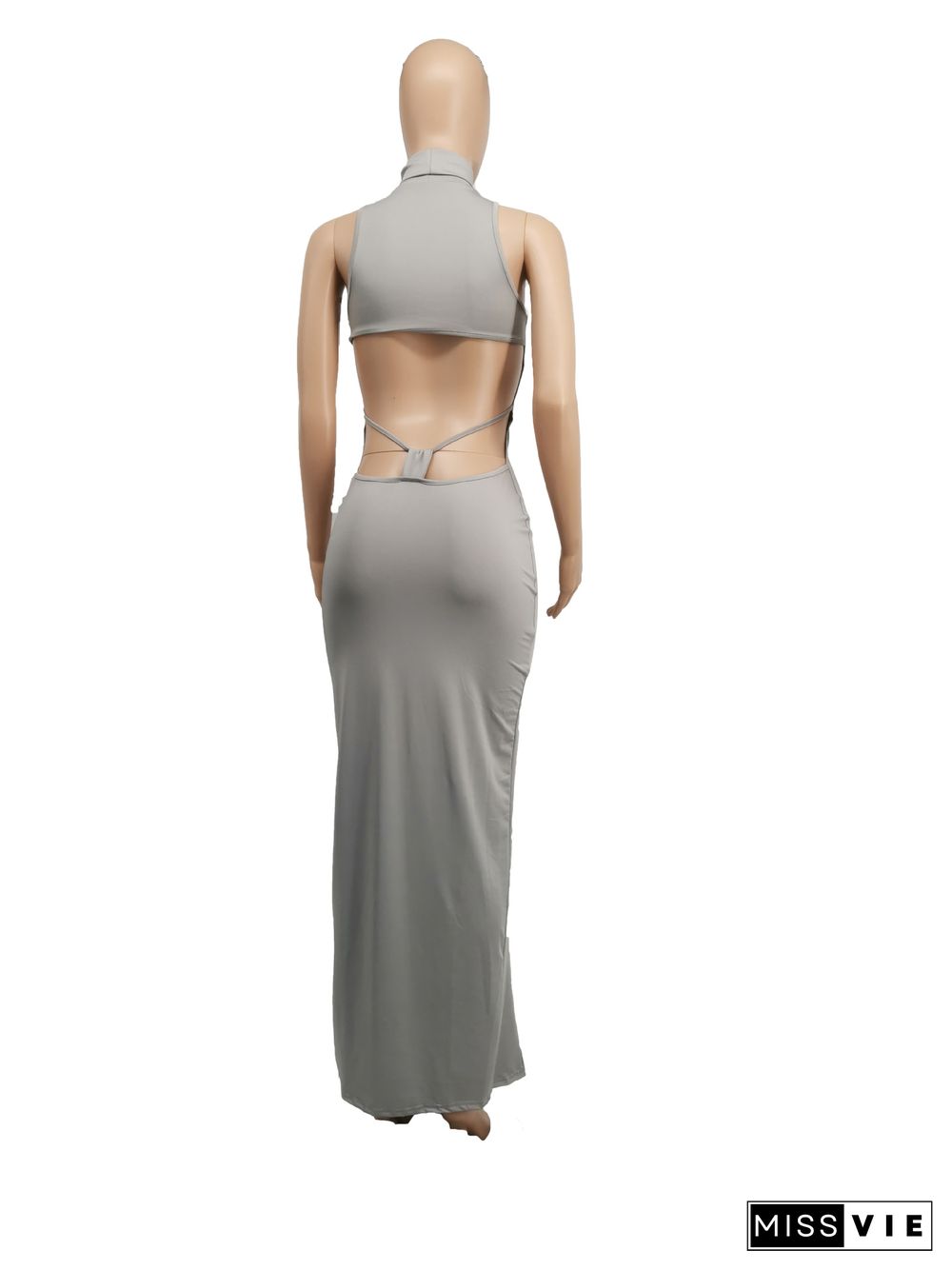 Solid Color Turtleneck Sleeveless Sexy Hollow Out Backless High Waist Skinny Split Party Long Dress