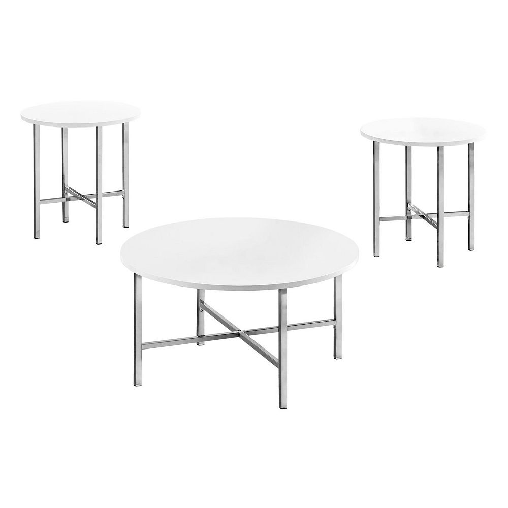 Set of 3 Glossy White with Chrome Metal Base Coffee Table and End Tables  35.5