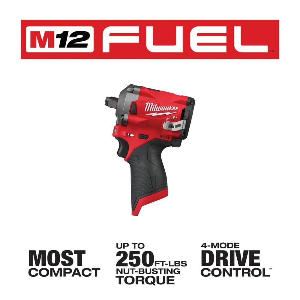 Milwaukee M12 FUEL 12V Li-Ion Brushless Cordless 3/8 in. Impact Wrench, 1/2in. Impact Wrench, High Speed 3/8 in. & 1/4 in. Ratchet 2554-20-2555-20-2567-20-2566-20