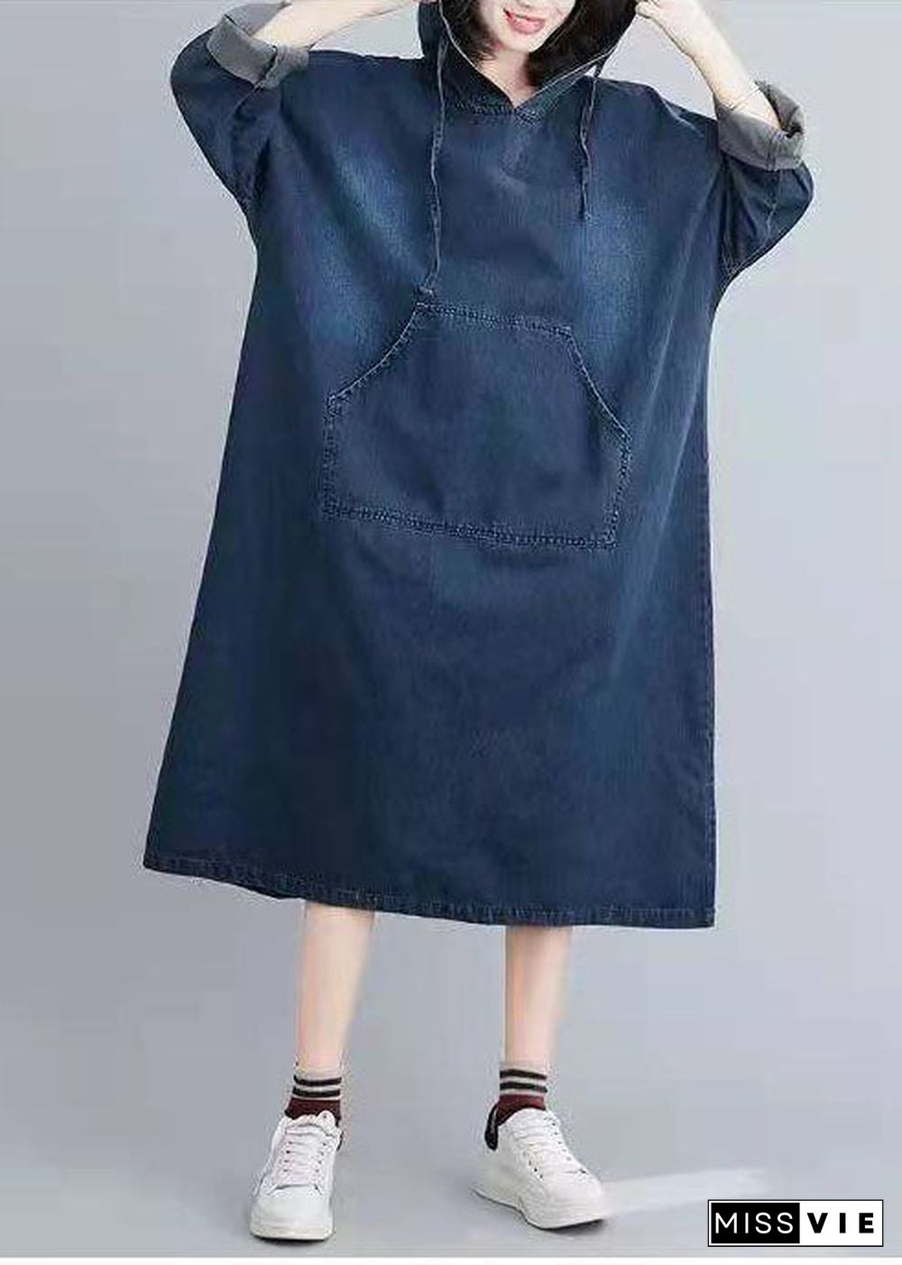 Italian Hooded Pockets Spring Clothes Women Denim Blue Traveling Dresses