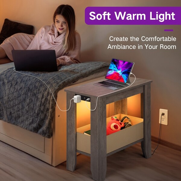 Side Table with LED Light and Charging Station ，USB Ports and Outlets，End Table