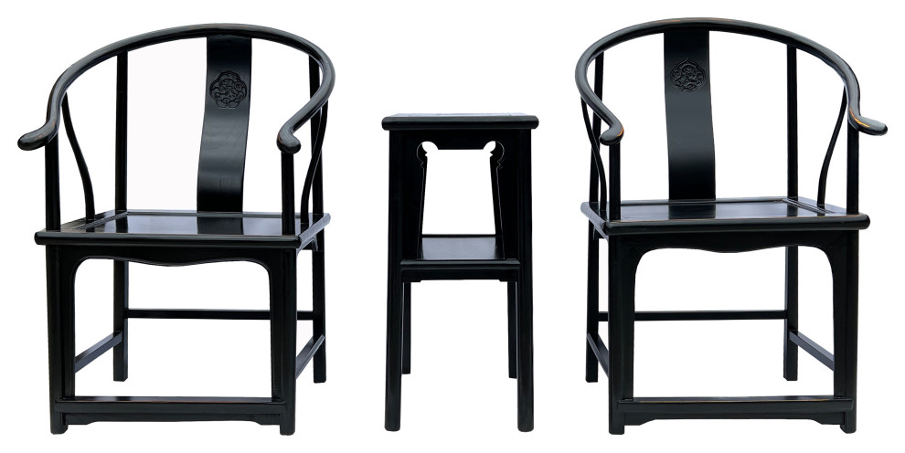 Chinese Distressed Black Lacquer Horseshoe Back Armchair Table 3 Pcs Set Hcs7660   Asian   Living Room Furniture Sets   by Golden Lotus Antiques  Houzz