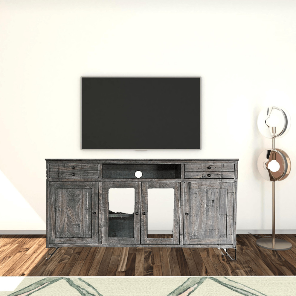 70 quotGray Solid Wood Cabinet Enclosed Storage Distressed TV Stand   Industrial   Entertainment Centers And Tv Stands   by HomeRoots  Houzz