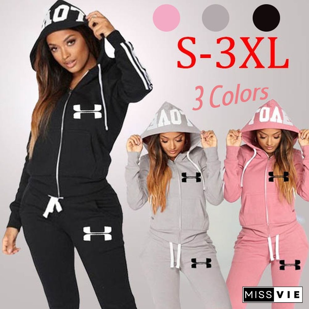 New Female Fashion Casual Zipper Stripe Sports Hoodie Set + Stretch Waist Sports Pants Set