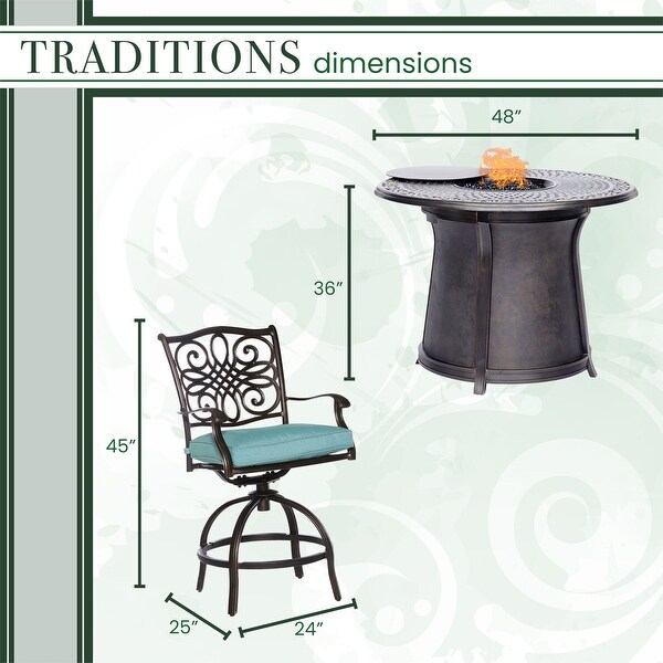 Hanover Traditions 5Piece HighDining Set with 4 Swivel Chairs and a 40，000 BTU Casttop Fire Pit Table