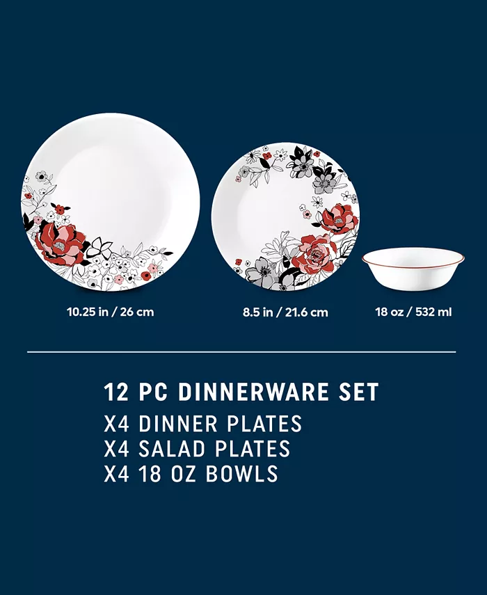 Corelle Vitrelle Chelsea Rose 12-Piece Dinnerware Set Service for 4