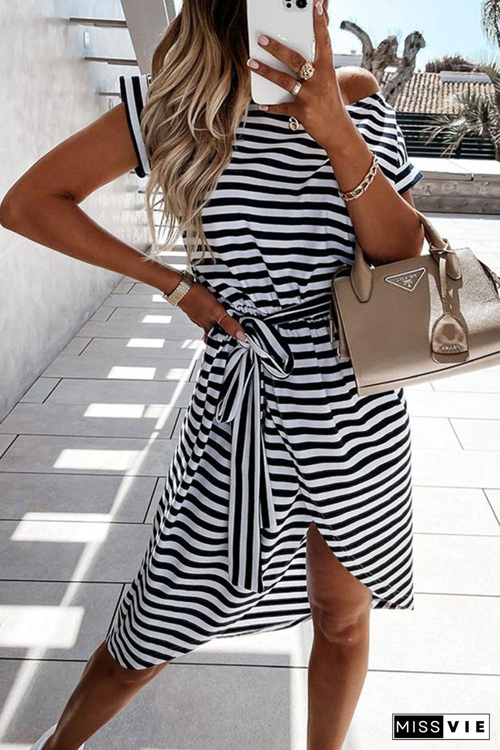 Black Stripe Short Sleeve Belted Wrapped Hemline T-Shirt Dress