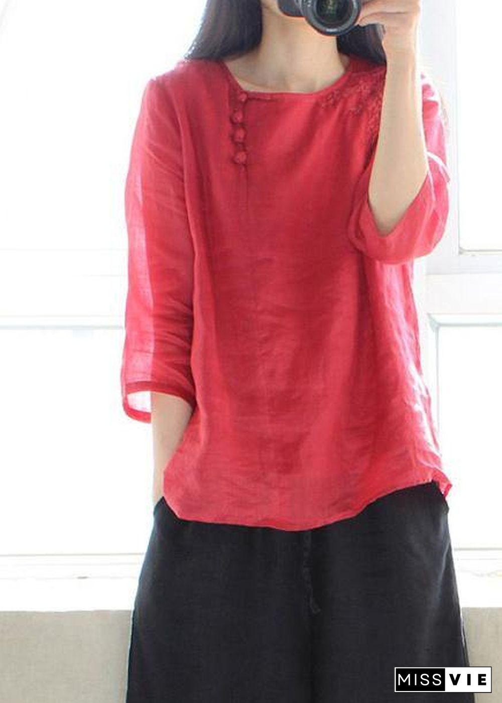 Bohemian Red Clothes For Women O Neck Half Sleeve Art  Shirts