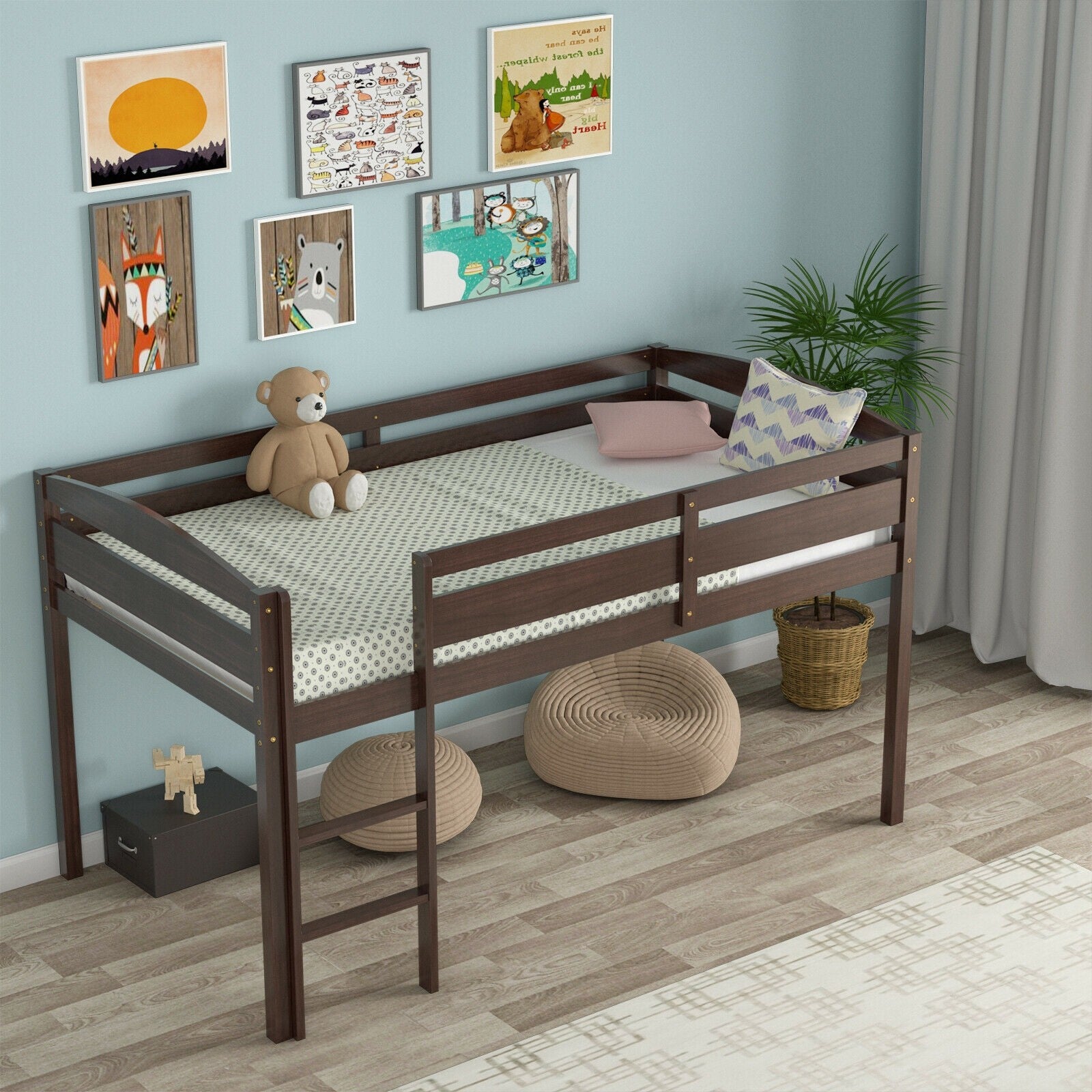 Costzon Loft Bed Twin, Classic Wood Low Loft Bed w/Guard Rail & Ladder, Kids Loft Bed for Boys