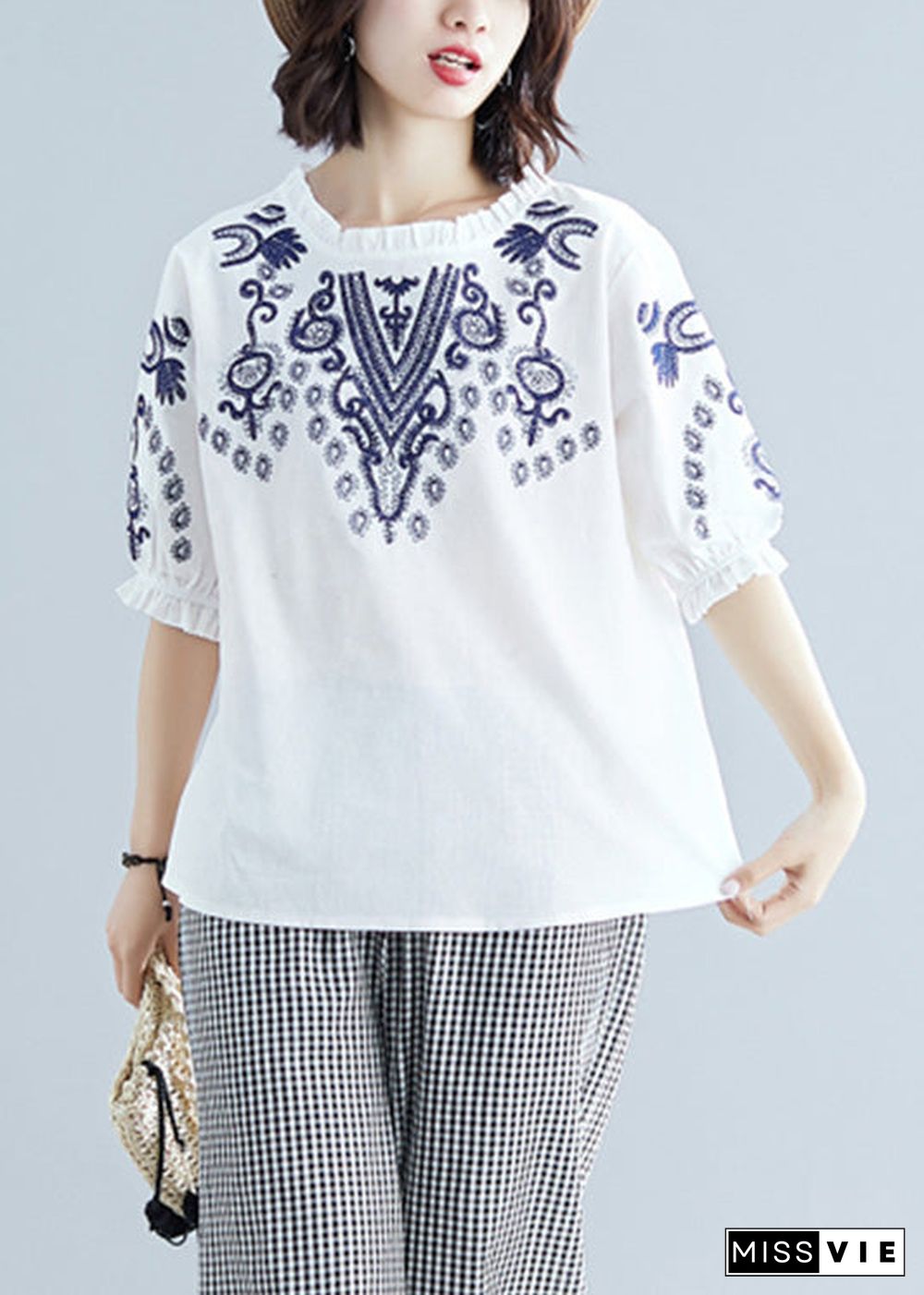 Chic White Embroideried Cotton T Shirt Summer