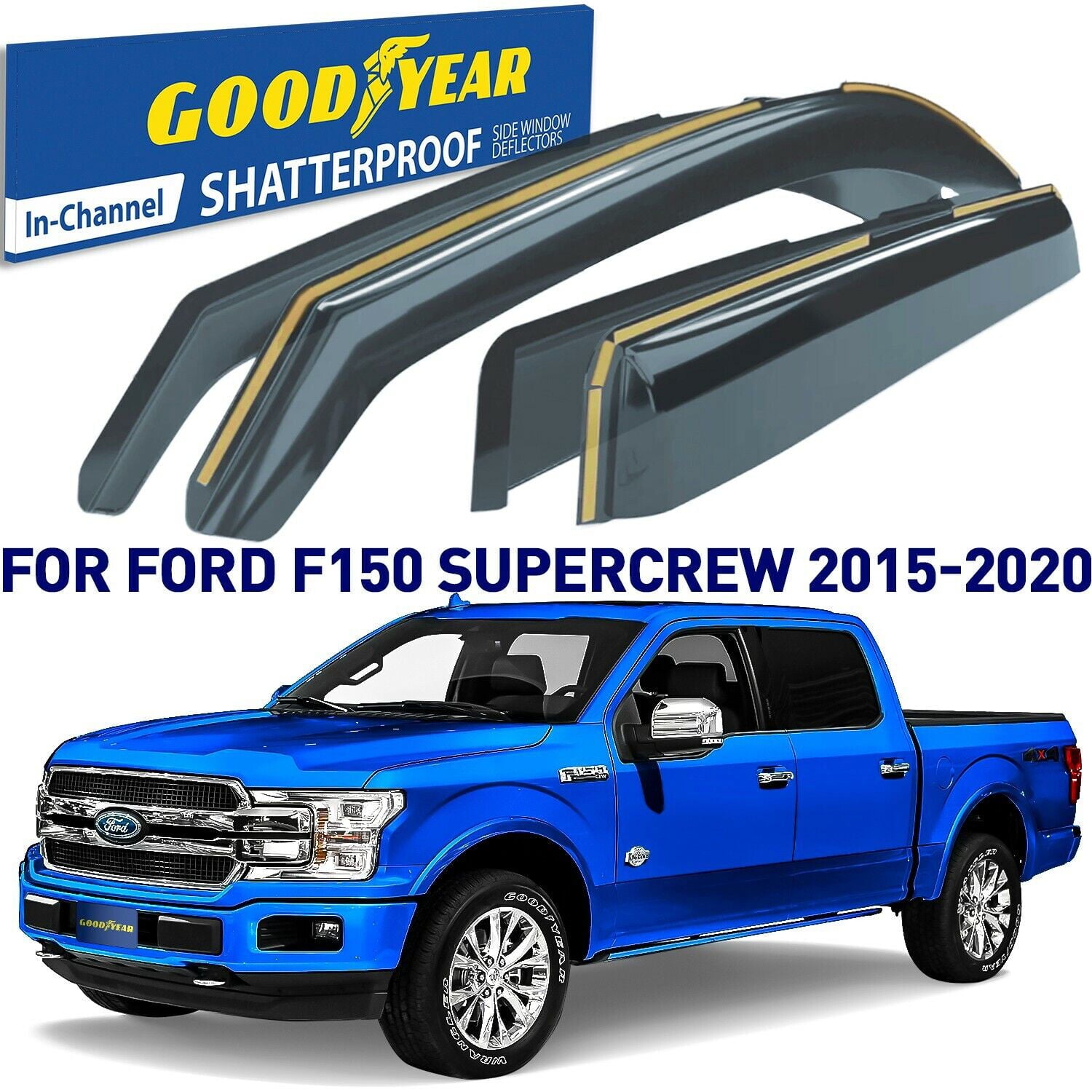 Goodyear Shatterproof in-Channel Window Deflectors for Ford F150 2015-2020 SuperCrew (fit for Ford F250-F550 17-23)， Rain Guards， Window Visors， Vent Deflector， Truck Accessories， 4 pcs- GY003407LP