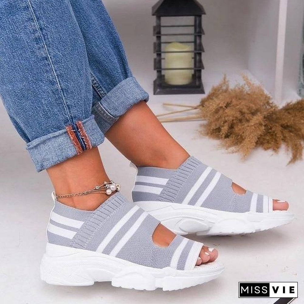 New Women Sandals High Heels Platform Women Shoes Summer Casual Female Sneakers Knitting Slip On Peep Toe Women Sandals