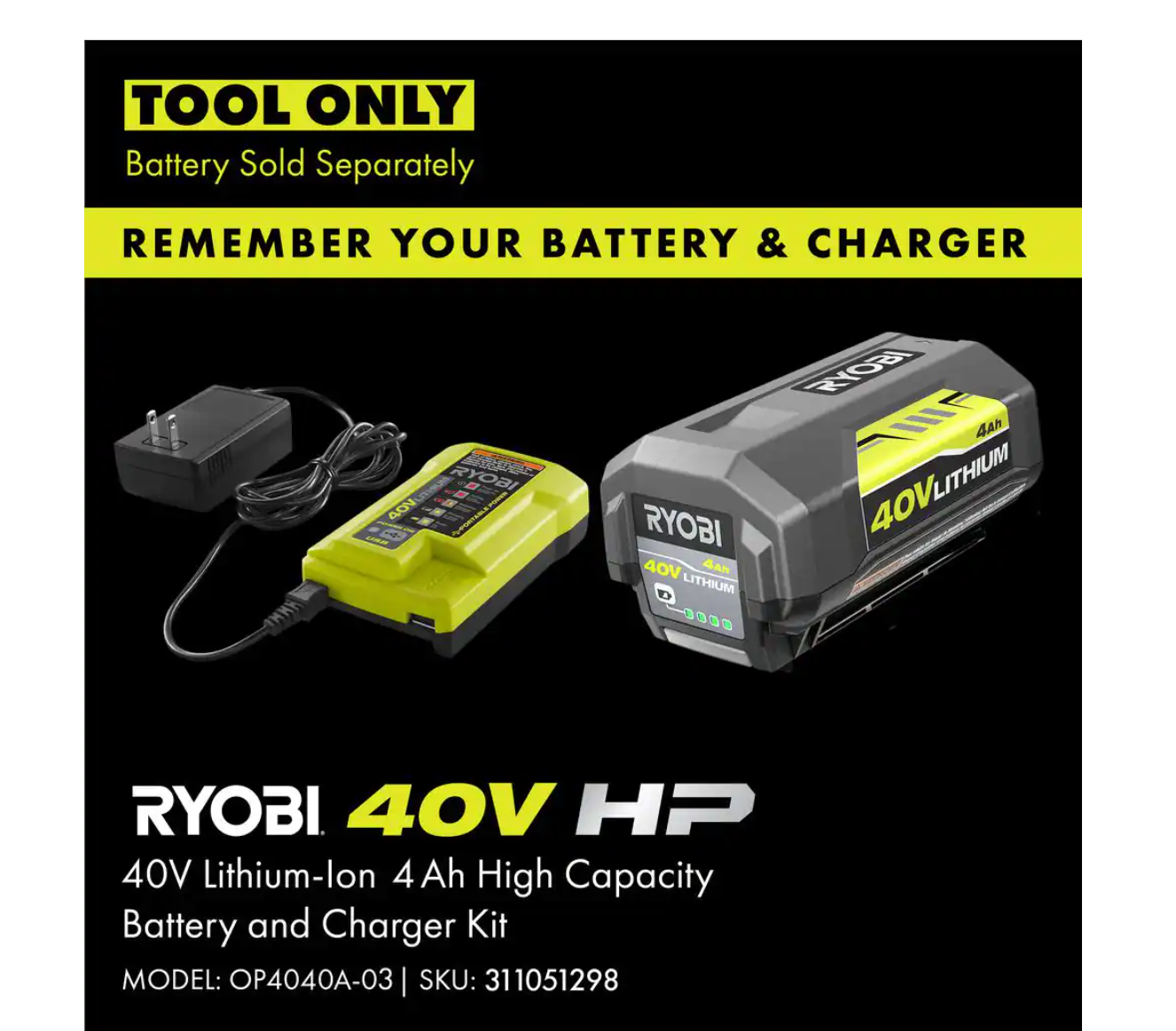 RYOBI RY40503BTL 40V Brushless 14 in. Cordless Battery Chainsaw (Tool Only)